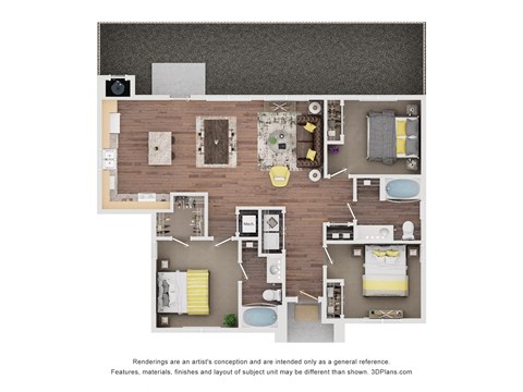 Floor plan for 3 beds, 2 baths, 1161 sqft